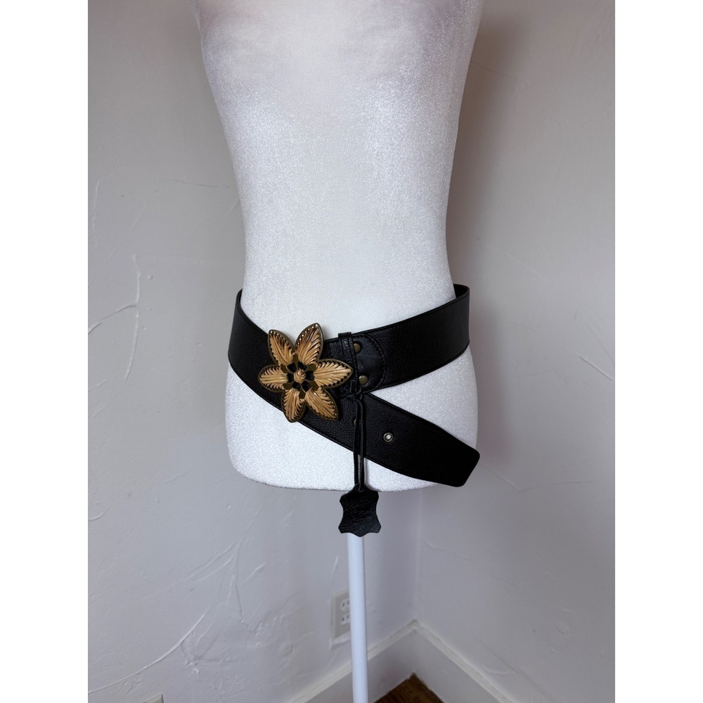 Coldwater Creek Black Leather Wide Floral Buckle Belt Boho Y2K Sm/Med